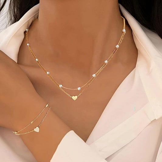 Gold Double-Layer Heart Charm Necklace and Bracelet Set - Women's Layered Jewelry Set V888-ELOSUNG47157