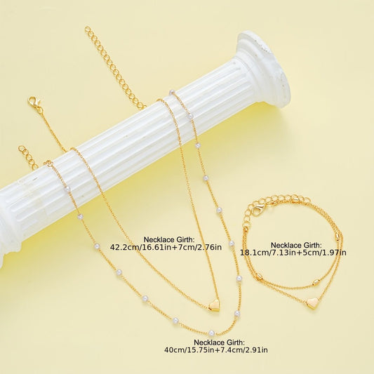 Gold Double-Layer Heart Charm Necklace and Bracelet Set - Women's Layered Jewelry Set V888-ELOSUNG47157