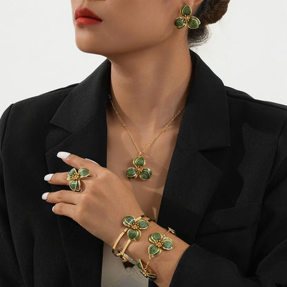 Green Floral Enamel Jewelry Set - Five-Piece Alloy Accessory Collection with Minimalist Botanical Design V888-ELOSUNG47159