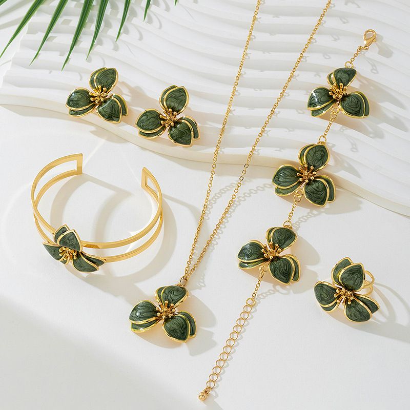 Green Floral Enamel Jewelry Set - Five-Piece Alloy Accessory Collection with Minimalist Botanical Design V888-ELOSUNG47159