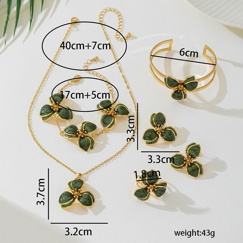 Green Floral Enamel Jewelry Set - Five-Piece Alloy Accessory Collection with Minimalist Botanical Design V888-ELOSUNG47159