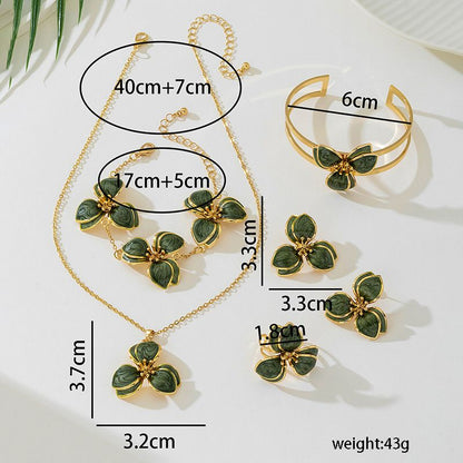 Green Floral Enamel Jewelry Set - Five-Piece Alloy Accessory Collection with Minimalist Botanical Design V888-ELOSUNG47159