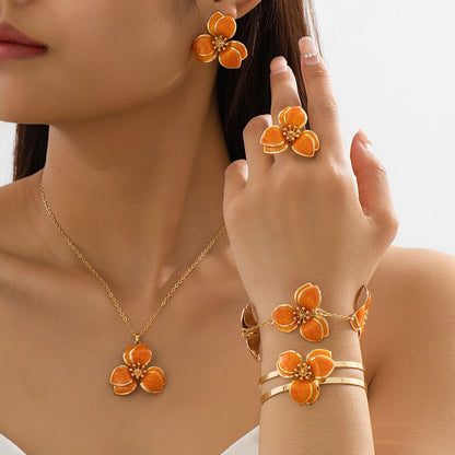 Orange Floral Enamel Jewelry Set - Five-Piece Alloy Accessory Collection with Minimalist Botanical Design V888-ELOSUNG47160