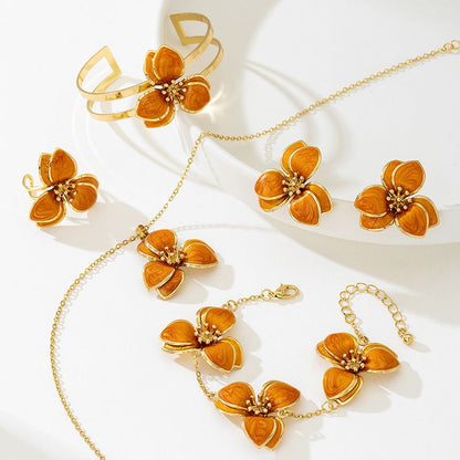 Orange Floral Enamel Jewelry Set - Five-Piece Alloy Accessory Collection with Minimalist Botanical Design V888-ELOSUNG47160