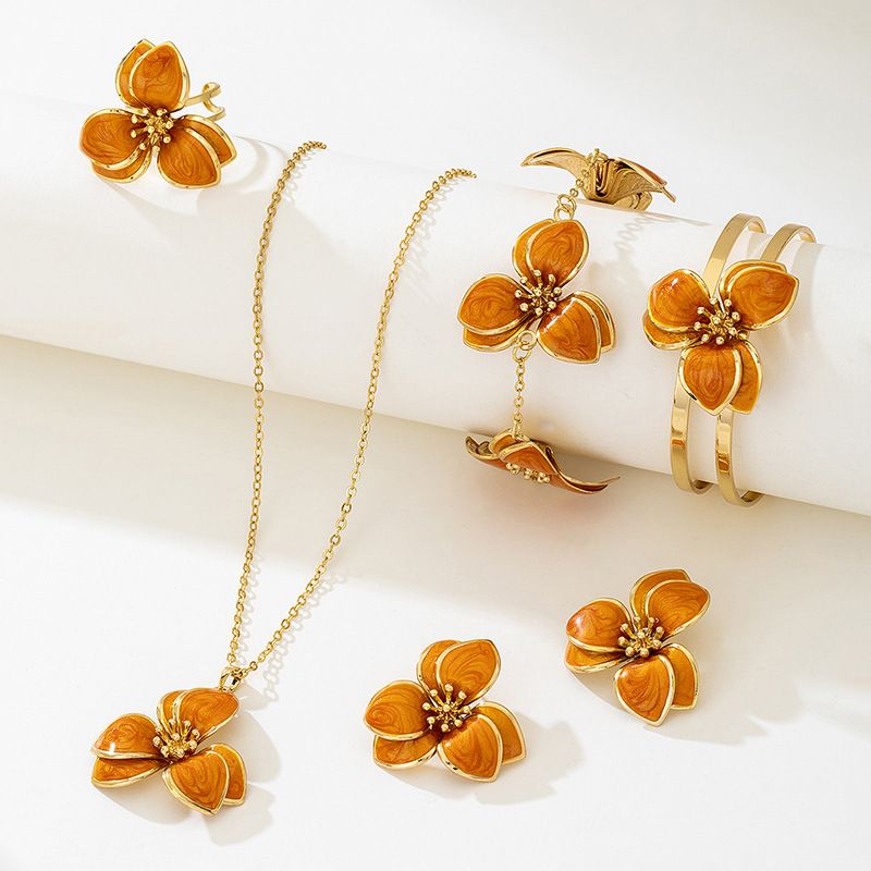 Orange Floral Enamel Jewelry Set - Five-Piece Alloy Accessory Collection with Minimalist Botanical Design V888-ELOSUNG47160