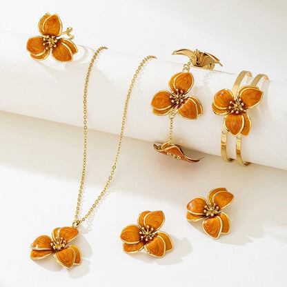 Orange Floral Enamel Jewelry Set - Five-Piece Alloy Accessory Collection with Minimalist Botanical Design V888-ELOSUNG47160