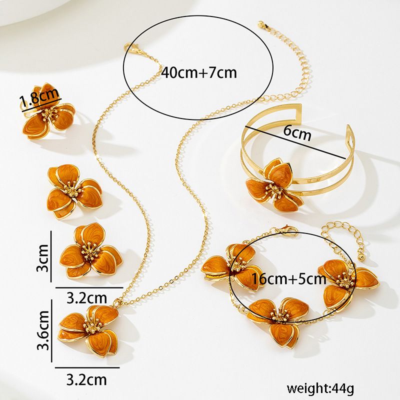 Orange Floral Enamel Jewelry Set - Five-Piece Alloy Accessory Collection with Minimalist Botanical Design V888-ELOSUNG47160
