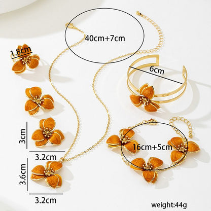 Orange Floral Enamel Jewelry Set - Five-Piece Alloy Accessory Collection with Minimalist Botanical Design V888-ELOSUNG47160