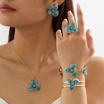 Blue Floral Enamel Jewelry Set - Five-Piece Alloy Accessory Collection with Minimalist Botanical Design V888-ELOSUNG47161