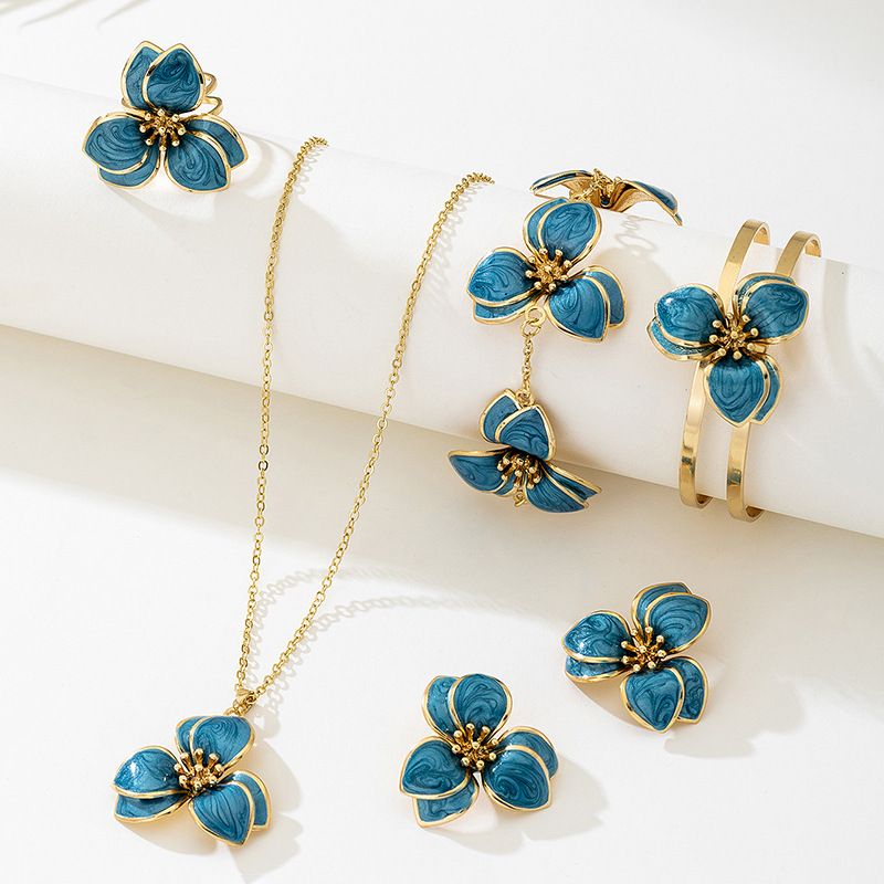 Blue Floral Enamel Jewelry Set - Five-Piece Alloy Accessory Collection with Minimalist Botanical Design V888-ELOSUNG47161