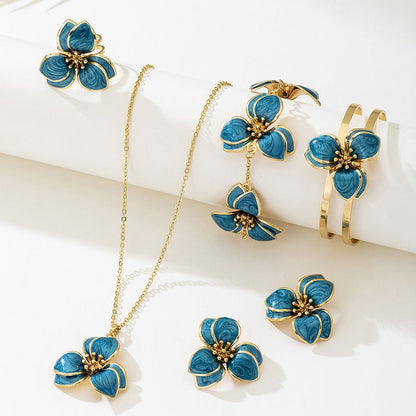 Blue Floral Enamel Jewelry Set - Five-Piece Alloy Accessory Collection with Minimalist Botanical Design V888-ELOSUNG47161