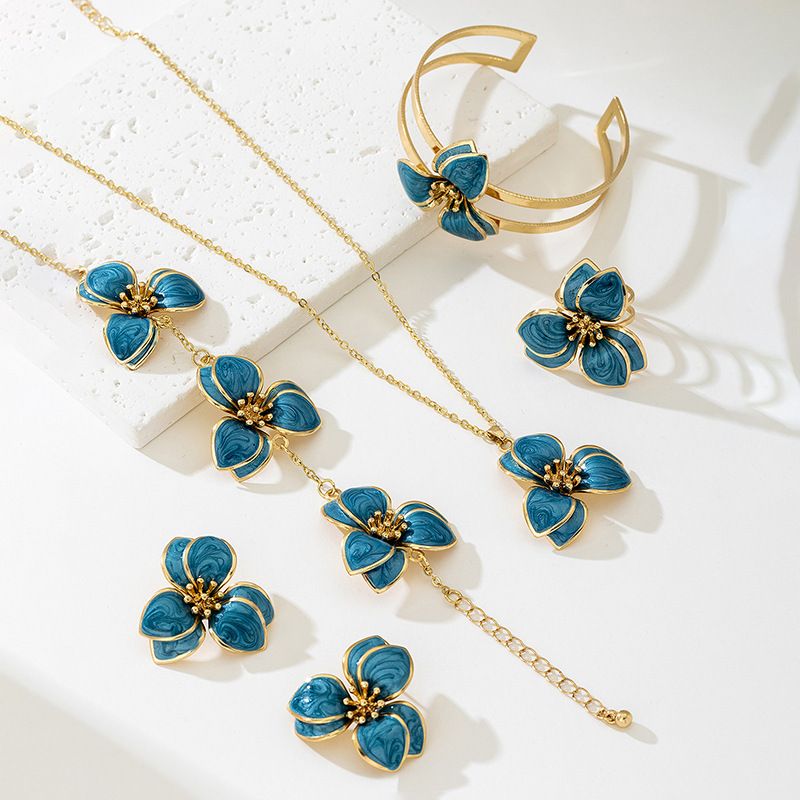 Blue Floral Enamel Jewelry Set - Five-Piece Alloy Accessory Collection with Minimalist Botanical Design V888-ELOSUNG47161
