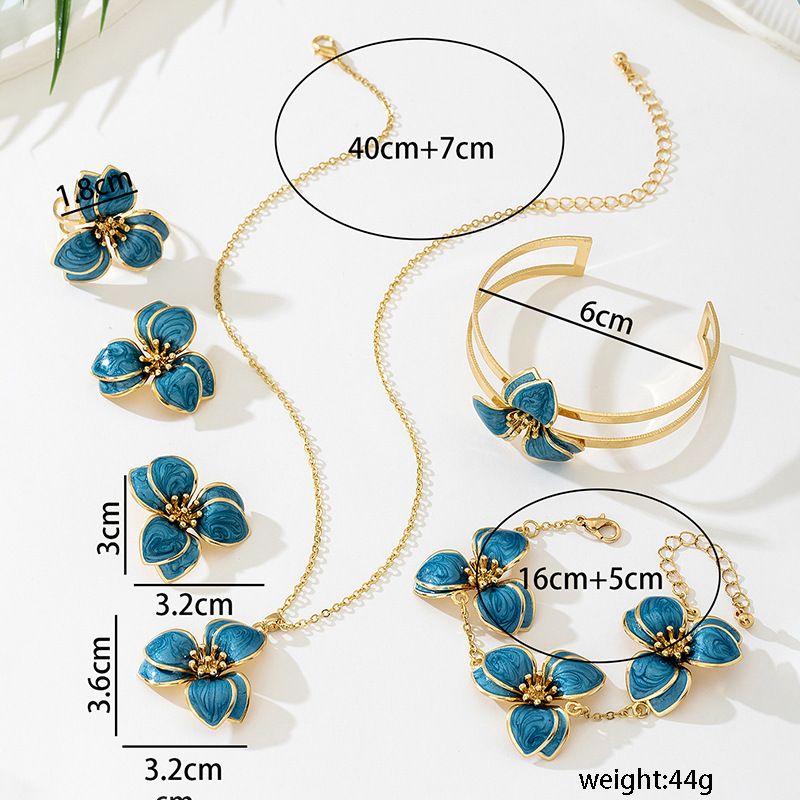 Blue Floral Enamel Jewelry Set - Five-Piece Alloy Accessory Collection with Minimalist Botanical Design V888-ELOSUNG47161