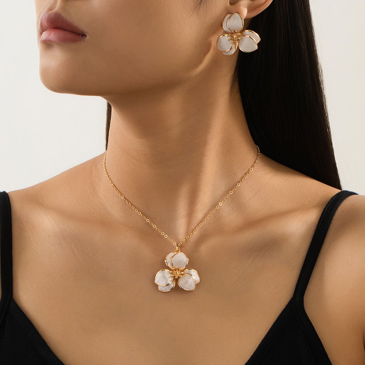 White Floral Enamel Jewelry Set - Five-Piece Alloy Accessory Collection with Minimalist Botanical Design V888-ELOSUNG47162