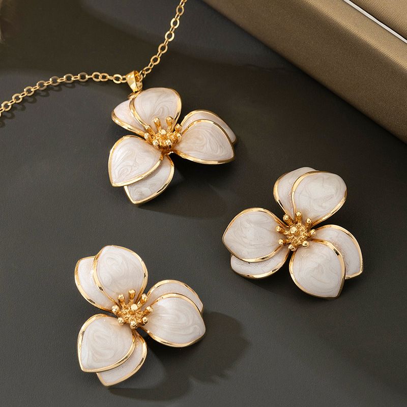 White Floral Enamel Jewelry Set - Five-Piece Alloy Accessory Collection with Minimalist Botanical Design V888-ELOSUNG47162