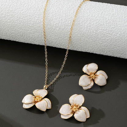 White Floral Enamel Jewelry Set - Five-Piece Alloy Accessory Collection with Minimalist Botanical Design V888-ELOSUNG47162