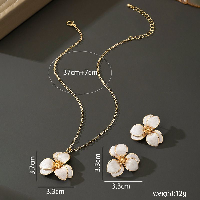 White Floral Enamel Jewelry Set - Five-Piece Alloy Accessory Collection with Minimalist Botanical Design V888-ELOSUNG47162