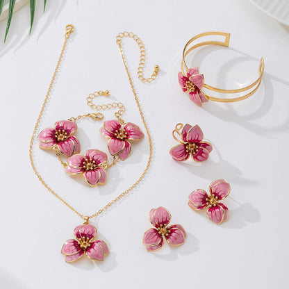 White Floral Enamel Jewelry Set - Five-Piece Alloy Accessory Collection with Minimalist Botanical Design V888-ELOSUNG47163