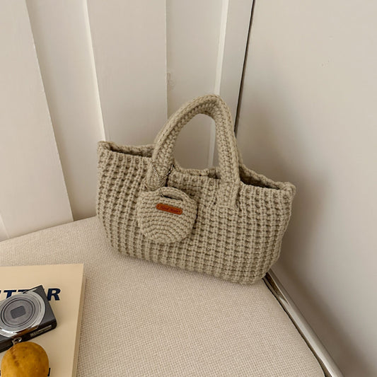 Beige Handcrafted Crochet Tote Bag - Vintage-Style Woven Cotton-Yarn Look Bag V888-ELOSUNG47176