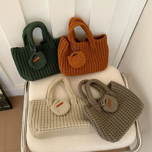 Beige Handcrafted Crochet Tote Bag - Vintage-Style Woven Cotton-Yarn Look Bag V888-ELOSUNG47176