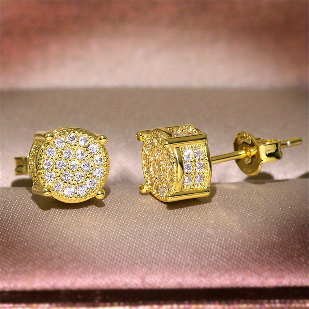 Gold Unisex Round Crystal Stud Earrings - Full-Pave Micro-Set Alloy Ear Jewelry V888-ELOSUNG47180