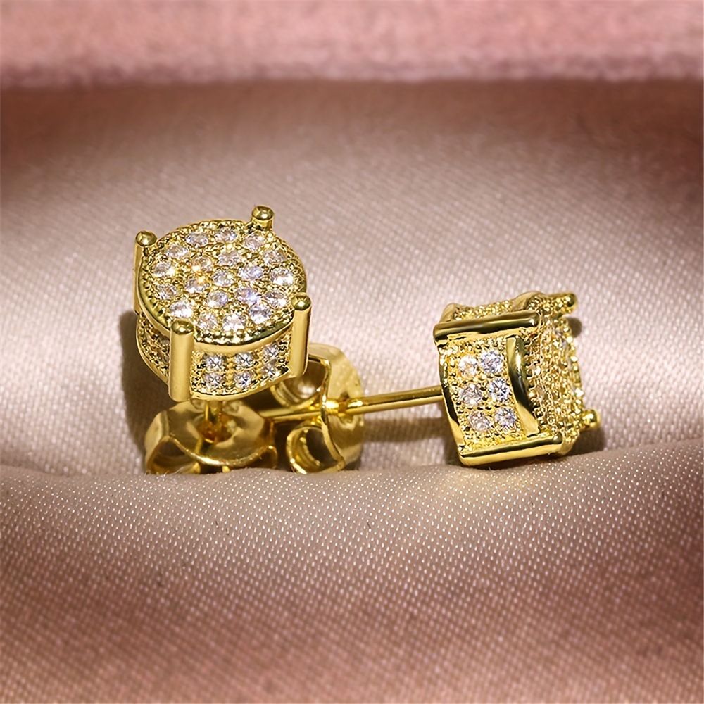 Gold Unisex Round Crystal Stud Earrings - Full-Pave Micro-Set Alloy Ear Jewelry V888-ELOSUNG47180