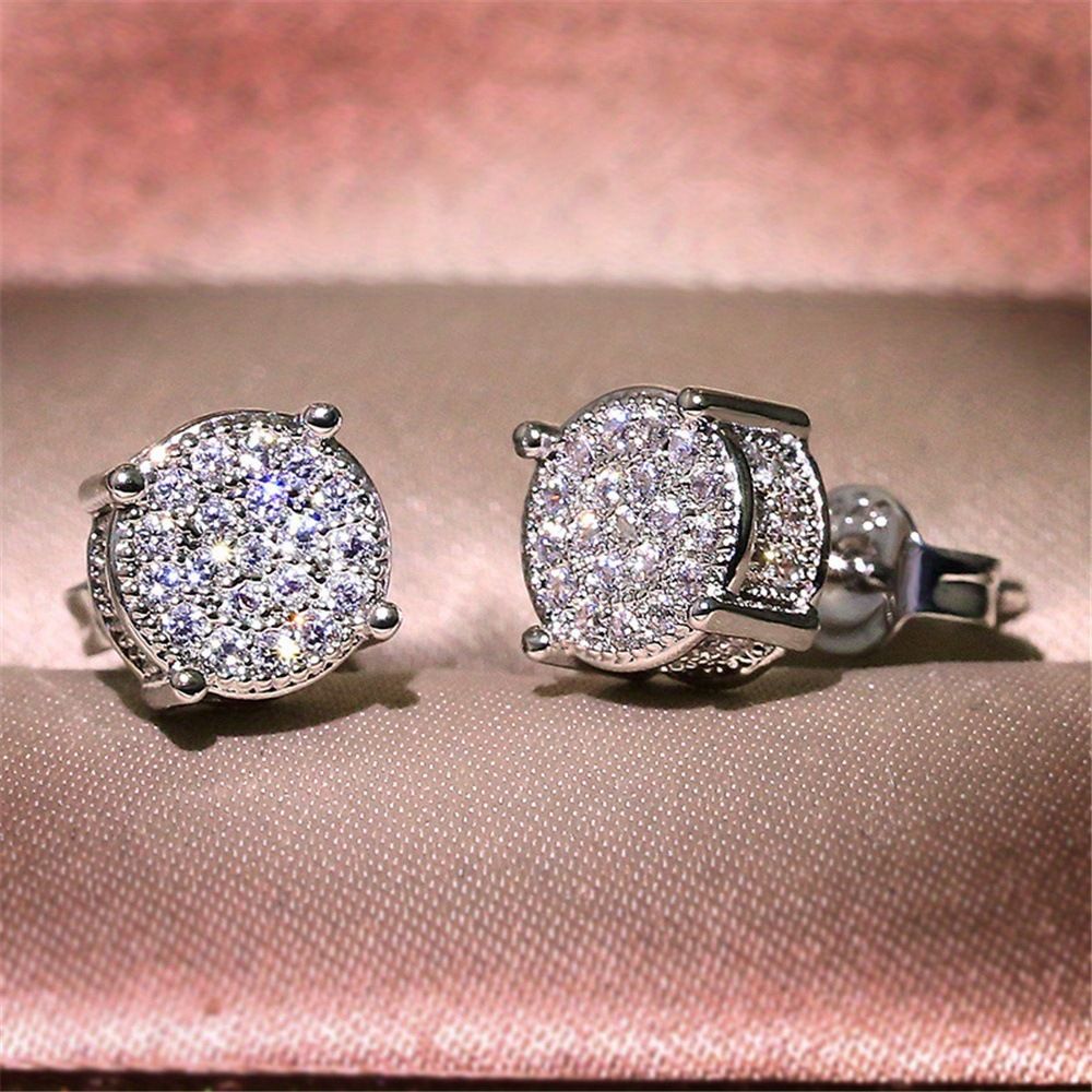 Silver Unisex Round Crystal Stud Earrings - Full-Pave Micro-Set Alloy Ear Jewelry V888-ELOSUNG47181
