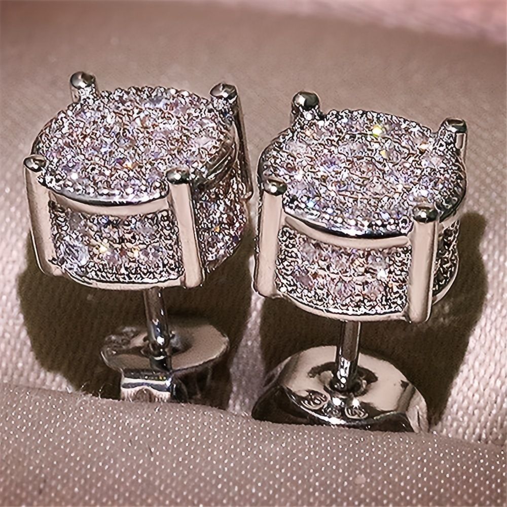 Silver Unisex Round Crystal Stud Earrings - Full-Pave Micro-Set Alloy Ear Jewelry V888-ELOSUNG47181