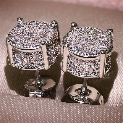 Silver Unisex Round Crystal Stud Earrings - Full-Pave Micro-Set Alloy Ear Jewelry V888-ELOSUNG47181