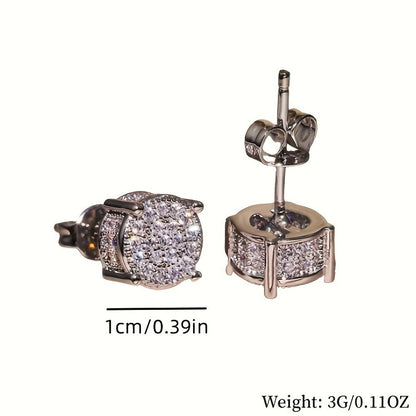 Silver Unisex Round Crystal Stud Earrings - Full-Pave Micro-Set Alloy Ear Jewelry V888-ELOSUNG47181