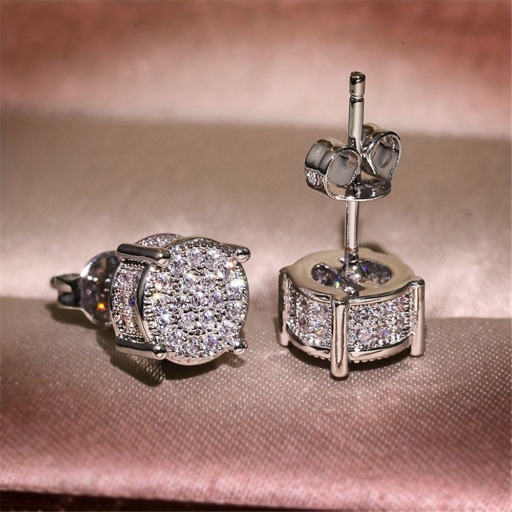 Silver Unisex Round Crystal Stud Earrings - Full-Pave Micro-Set Alloy Ear Jewelry V888-ELOSUNG47181