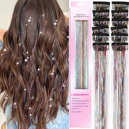 Colorful Laser Iridescent Hair Extensions - 12-Piece Clip-In Highlight Strands (High-Temperature Fiber) V888-ELOSUNG47182