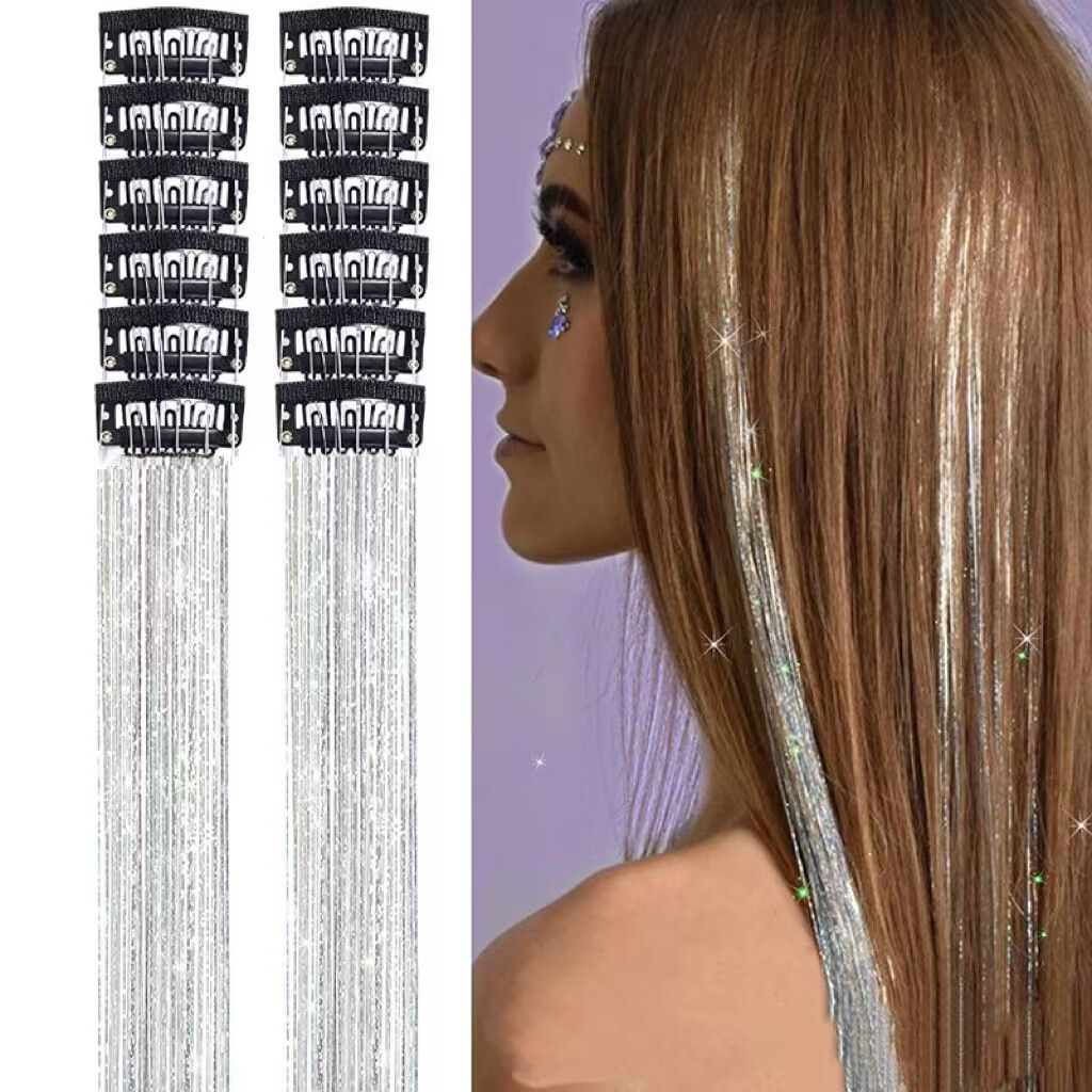 Silver Laser Iridescent Hair Extensions - 12-Piece Clip-In Highlight Strands (High-Temperature Fiber) V888-ELOSUNG47183