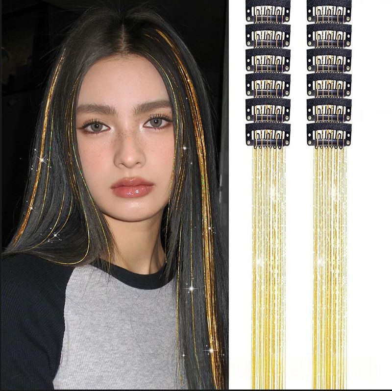 Gold Laser Iridescent Hair Extensions - 12-Piece Clip-In Highlight Strands (High-Temperature Fiber) V888-ELOSUNG47184