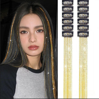 Gold Laser Iridescent Hair Extensions - 12-Piece Clip-In Highlight Strands (High-Temperature Fiber) V888-ELOSUNG47184