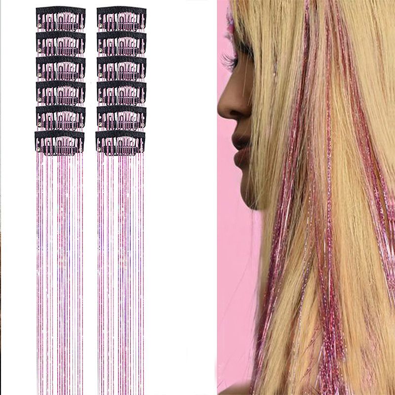 Pink Laser Iridescent Hair Extensions - 12-Piece Clip-In Highlight Strands (High-Temperature Fiber) V888-ELOSUNG47186