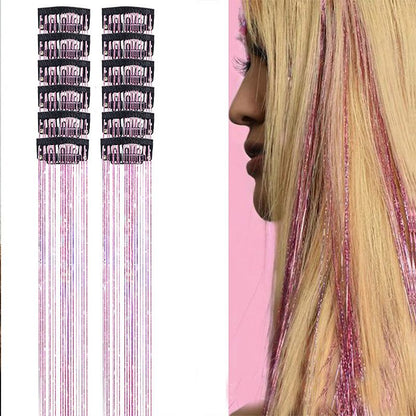 Pink Laser Iridescent Hair Extensions - 12-Piece Clip-In Highlight Strands (High-Temperature Fiber) V888-ELOSUNG47186