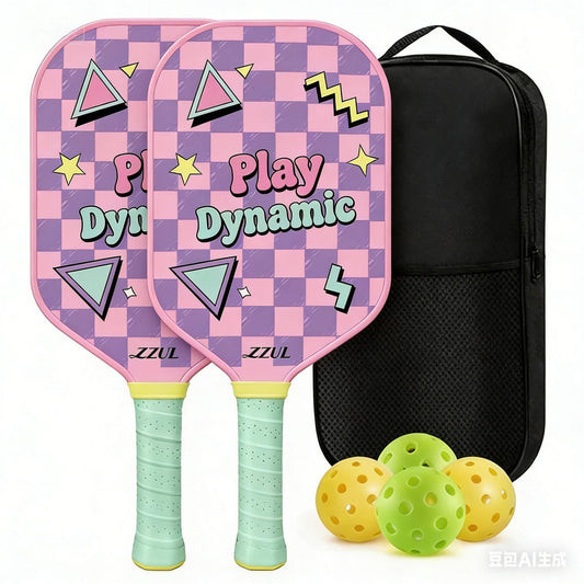Pink and Purple Pickleball Paddle Set - Fiberglass Face with PP Honeycomb Core, 2 Paddles 4 Balls & Carry Bag V888-ELOSUNG47267