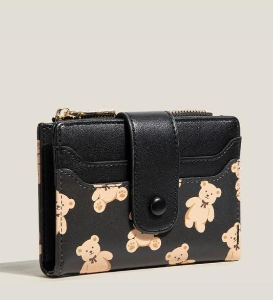 Black Cute Bear Print Bifold Wallet - PU Leather & Polyester Card Holder with Zip Coin Purse & ID Window - V888-ELOSUNG47274