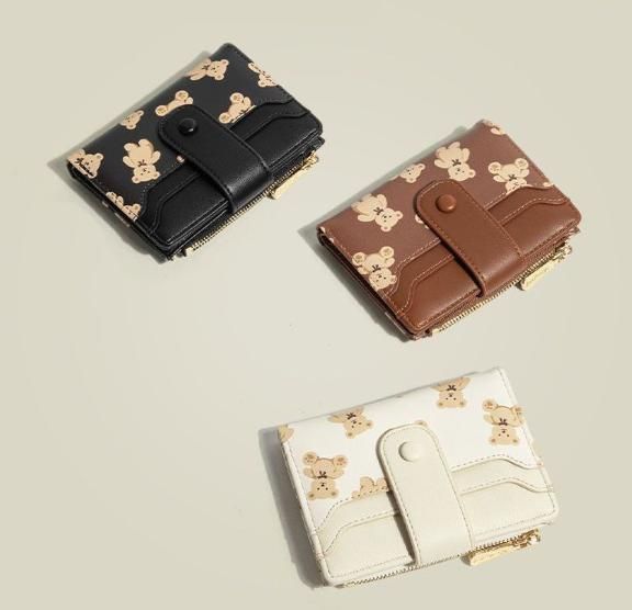 Black Cute Bear Print Bifold Wallet - PU Leather & Polyester Card Holder with Zip Coin Purse & ID Window - V888-ELOSUNG47274