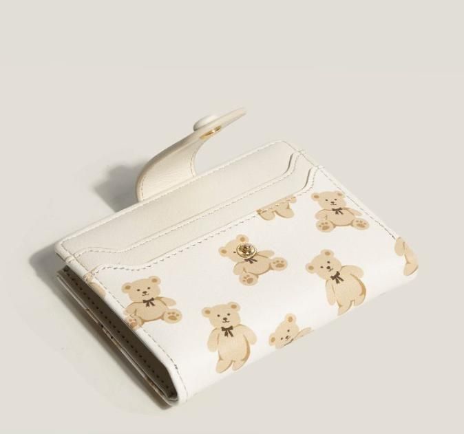 Black Cute Bear Print Bifold Wallet - PU Leather & Polyester Card Holder with Zip Coin Purse & ID Window - V888-ELOSUNG47274