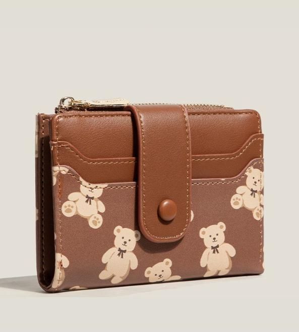 Brown Cute Bear Print Bifold Wallet - PU Leather & Polyester Card Holder with Zip Coin Purse & ID Window - V888-ELOSUNG47275