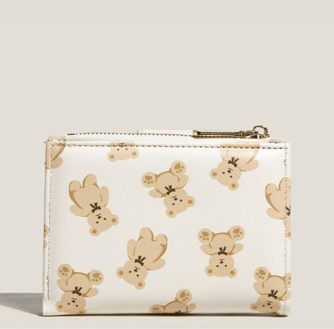 Brown Cute Bear Print Bifold Wallet - PU Leather & Polyester Card Holder with Zip Coin Purse & ID Window - V888-ELOSUNG47275