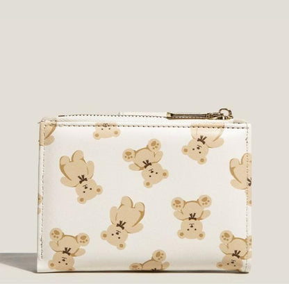 Brown Cute Bear Print Bifold Wallet - PU Leather & Polyester Card Holder with Zip Coin Purse & ID Window - V888-ELOSUNG47275