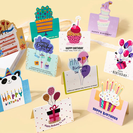 3 Sets 3D Pop-up Birthday Card Set - 3*10pcs Cartoon Panda/Cake/Balloon Greeting Cards with Envelopes, V888-ELOSUNG47276