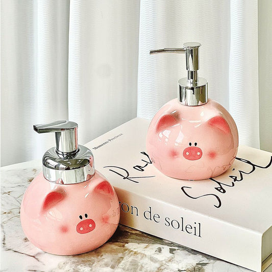 Pink Cute Pink Pig Ceramic Soap Dispenser with Pump - Adorable Bathroom Accessory for Lotion, Shampoo, and V888-ELOSUNG47281