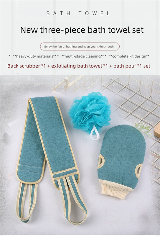 Blue 3-Piece Exfoliating Bath Set with Long-Handle Back Scrubber, Exfoliating Glove & Loofah Sponge for Deep V888-ELOSUNG47295