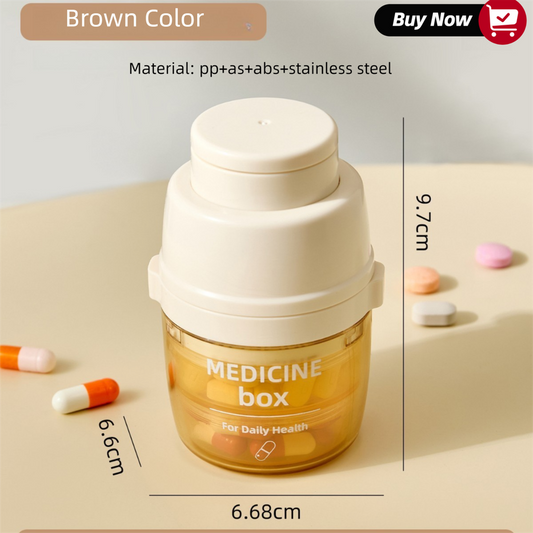 Beige 3-in-1 Pill Cutter, Crusher & Organizer Box with Built-in Water Cup - Portable Medicine Storage V888-ELOSUNG47301