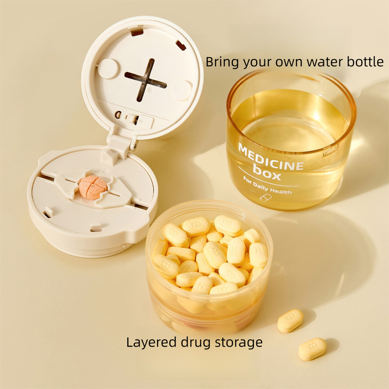 Beige 3-in-1 Pill Cutter, Crusher & Organizer Box with Built-in Water Cup - Portable Medicine Storage V888-ELOSUNG47301