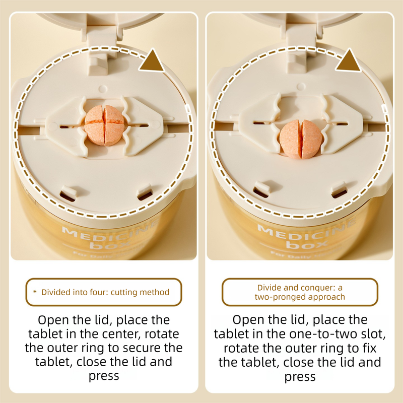 Beige 3-in-1 Pill Cutter, Crusher & Organizer Box with Built-in Water Cup - Portable Medicine Storage V888-ELOSUNG47301